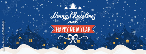 Cartoon illustration  with text for holiday theme, winter background with trees and snow. Banner for Merry Christmas and Happy New Year.Vector illustration.