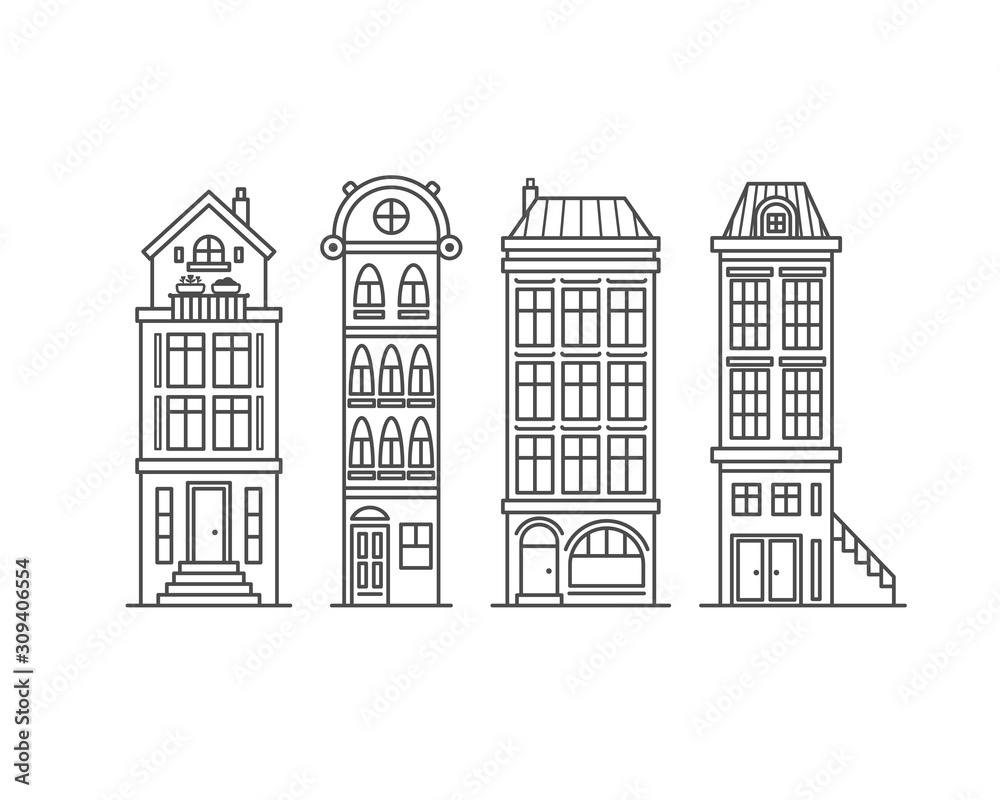 European dutch street. Amsterdam traditional outline houses or buildings. Minimalistic icons. Graphic vector set. Cartoon style, simple flat design. Trendy illustration. Every icon is isolated.