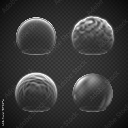 Energy shield effects isolated on transparency grid, a set of various force screens, defense or protective fields, deflector, force bubble, science fiction element or metaphor of high protection