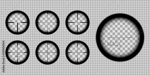A look through sniper or hunting rifle scope with various reticles, set of realistic optical sights of different designs, firearms, sharp shooting, military, sport or hunting aiming devices