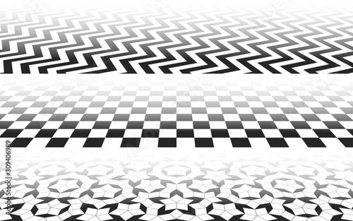 Perspectives with checkered, zig-zag and Penrose mosaic patterns, perspective distorted surface with black and white tiles, abstract background vector illustration set for minimal designs