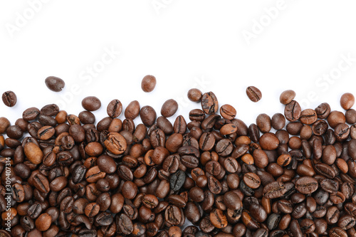 Frame of coffee beans isolated on white background, top view