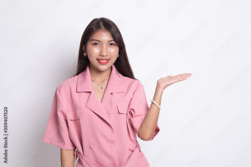 Beautiful young Asian woman show palm hand. Beautiful young Asian woman show palm hand.