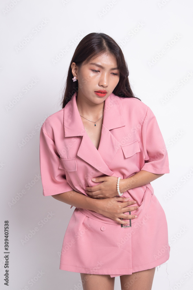 Young Asian woman got stomachache.