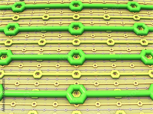 Green and yellow horizontal cord interrupted by small circles of seemingly endless yellow cords.3d render