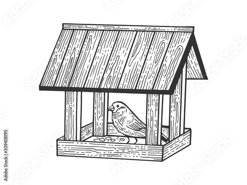 Winter bird feeder sketch engraving vector illustration. T-shirt apparel print design. Scratch board style imitation. Black and white hand drawn image.