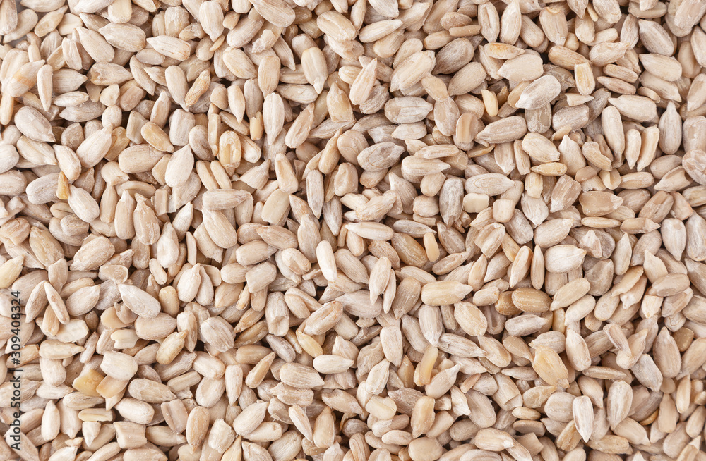 Peeled sunflower seeds background. Top view of shelled sunflower seeds. Peeled sunflower seeds background. Top view of shelled sunflower seeds.
