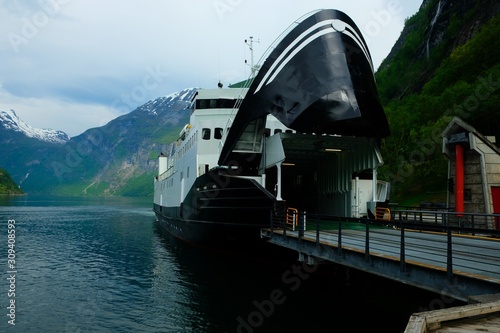 Ferry on Geiranger Fjord Norway.Beautiful Norwegian Fjord on moving day.