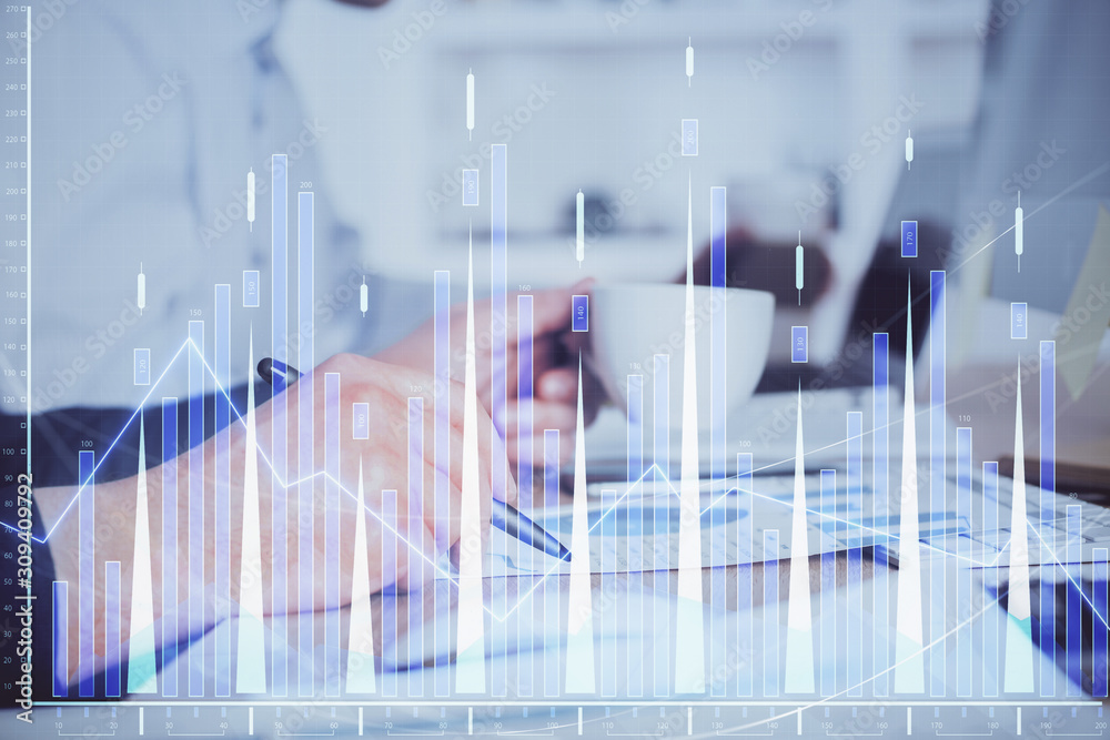 Double exposure hands with stock market chart. Double exposure hands with stock market chart.