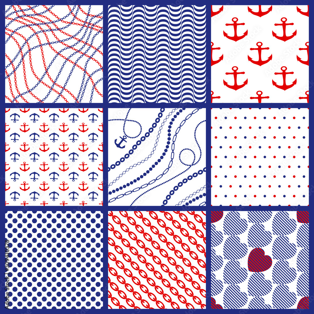 Plakat Seamless background with chains, anchors,rope, polka dot