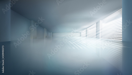 A long office hall with lots of windows. The rays of the sun coming through the blinds. Empty space. Vector illustration.