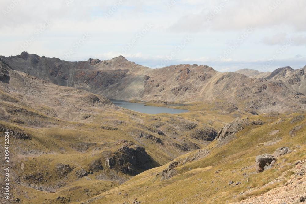 Panoramic view of mountain lakes in the Southern Alps, the mountain range which runs the length of the South Island in New Zealand