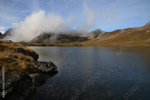 Panoramic view of mountain lakes in the Southern Alps, the mountain range which runs the length of the South Island in New Zealand
