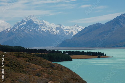 Panoramic view of Aoraki Mount Cook the highest mountain in New Zealand in the Southern Alps, the mountain range which runs the length of the South Island.