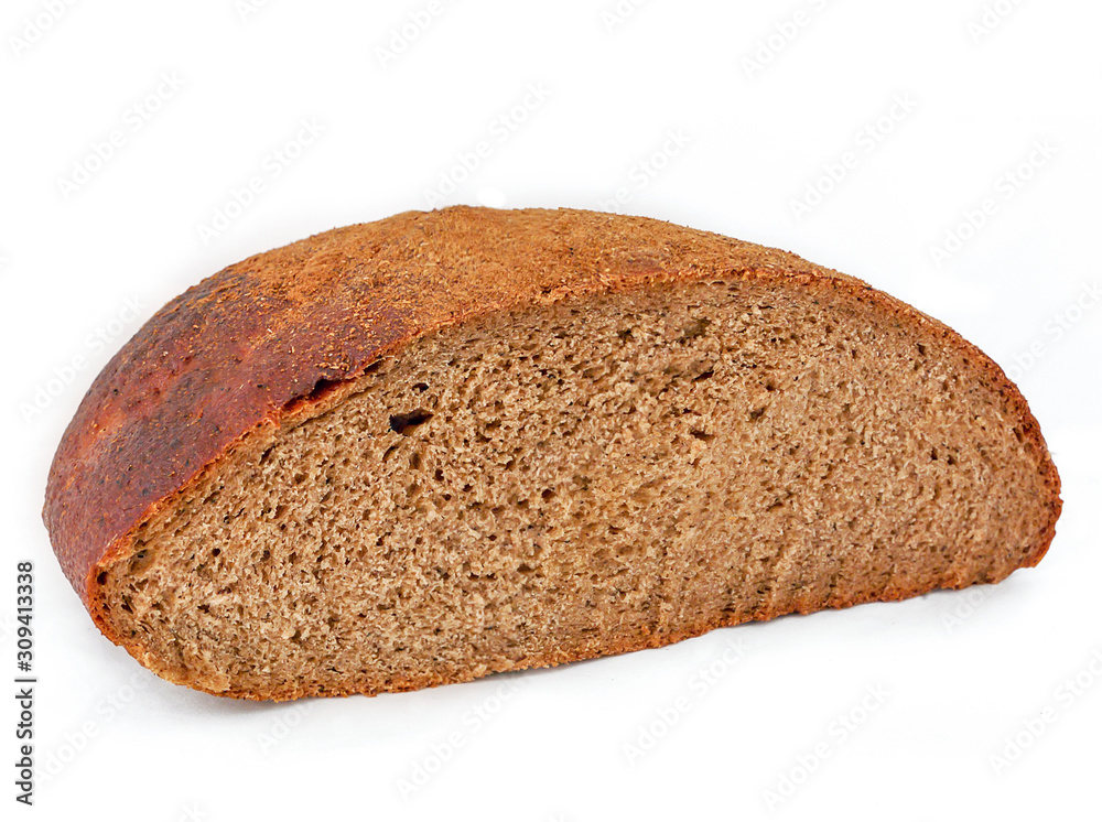 Half a loaf of dark rye bread close-up on a white background Half a loaf of dark rye bread close-up on a white background
