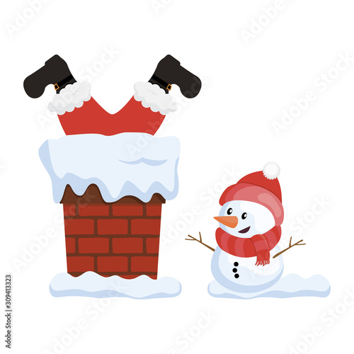 Santa in the chimney and little cute snowman, cartoon vector illustration