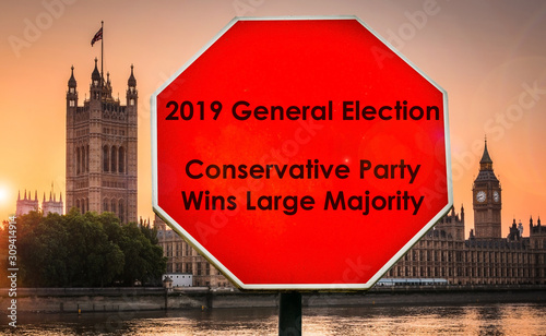 2019 General Election Conservative Majority Message with Houses of Parliament, London in background photo