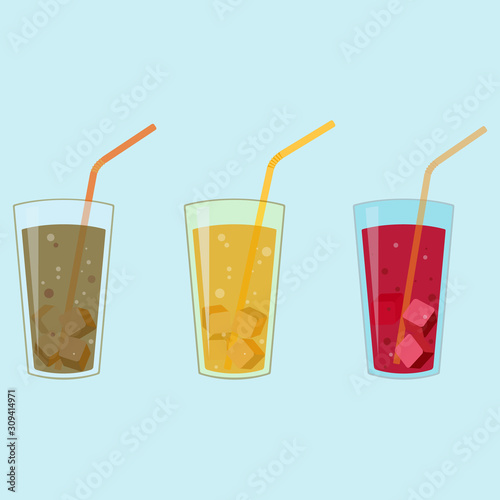 Collection of glasses with iced beverages, icon set. Vector illustration.