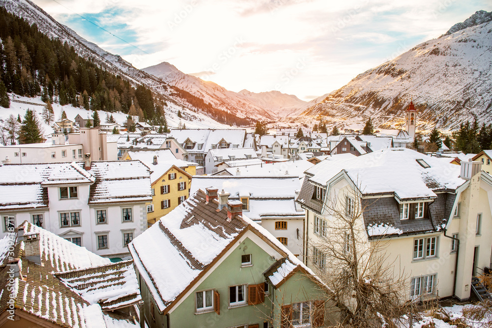 Snowy rooftops of a Swiss mountain village 
