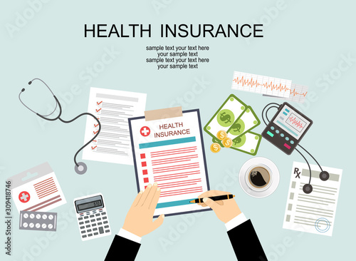Man at the table fills in the form of health insurance. Healthcare concept. Vector illustration flat design style. 