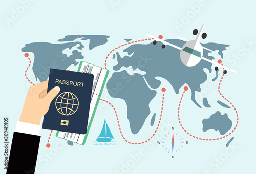 Vector modern flat design web icon on airline tickets and travel with jet airliner flying, passport, boarding pass ticket and globe with clouds 