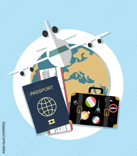 Vector modern flat design web icon on airline tickets and travel with jet airliner flying, passport, boarding pass ticket and globe with clouds 