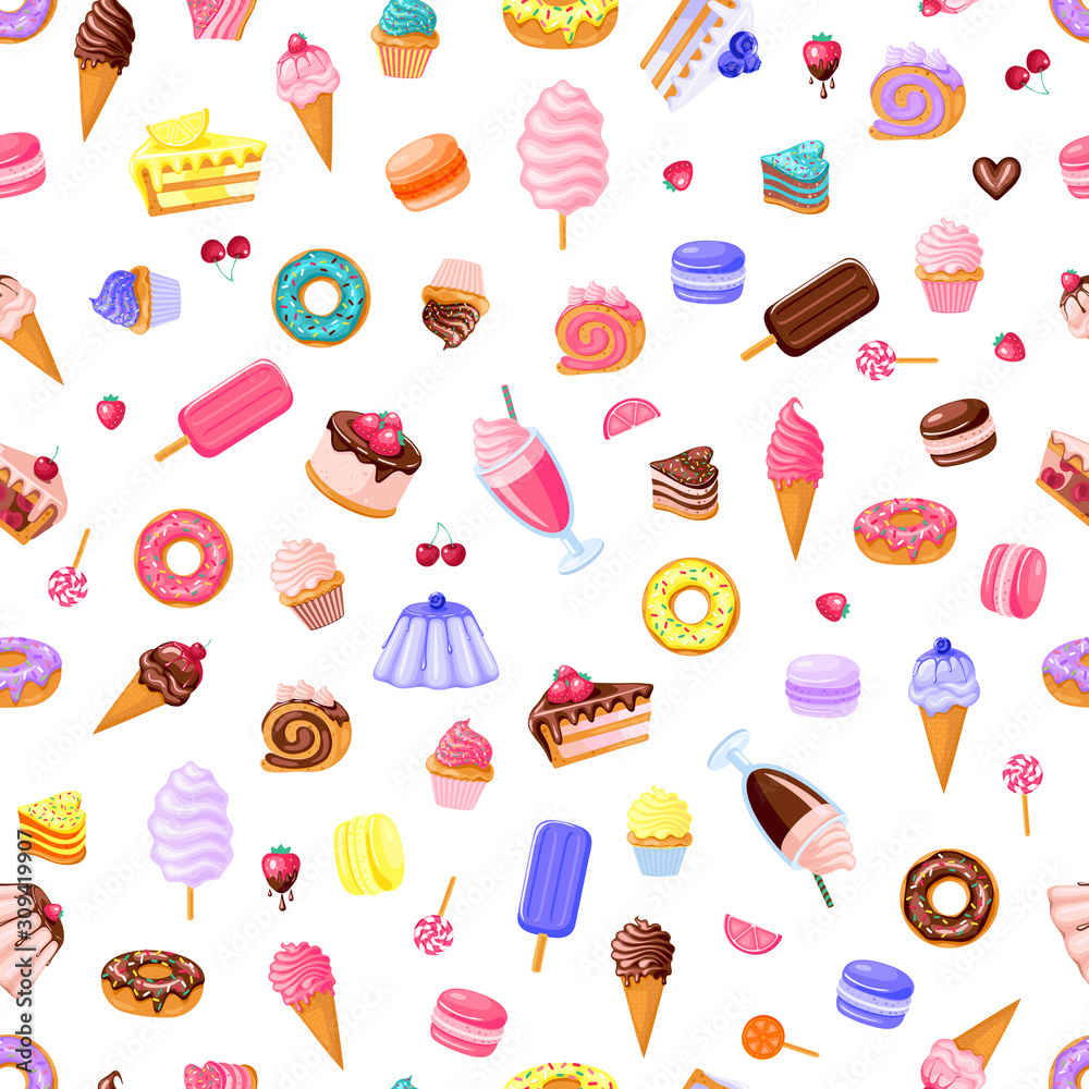 seamless pattern of sweet food. Donut, ice cream, muffins, smoothies, macaroons and candies with with pink, chocolate, blue mint, lemon and blueberry topping.Texture for fabric, wrapping, wallpaper. seamless pattern of sweet food. Donut, ice cream, muffins, smoothies, macaroons and candies with with pink, chocolate, blue mint, lemon and blueberry topping.Texture for fabric, wrapping, wallpaper.