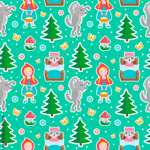 little red riding hood and wolf seamless pattern. endless cute kids background