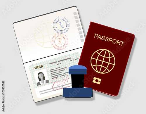 Passport with biometric data. Identification Document and stamp Flat Vector Illustration