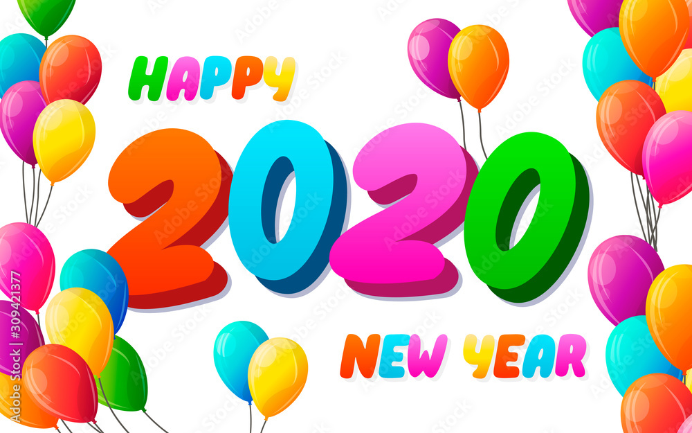 2020 New Year design card with f air balloons flying on white background. Vector graffiti art illustration. Happy new year 2020 poster. 2020 New Year design card with f air balloons flying on white background. Vector graffiti art illustration. Happy new year 2020 poster.