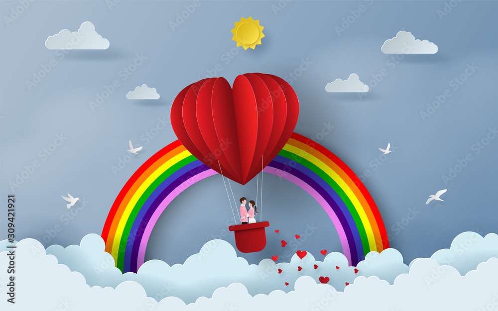 Origami Paper art of Cute couple on red heart shaped balloon on the sky with rainbow, Love and Happy Valentine's Day