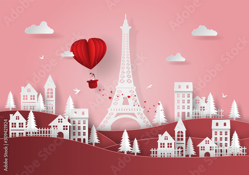 Origami Paper art of Cute couple on red heart shaped balloon floating over the village and Eiffel Tower, Love and Happy Valentine's Day