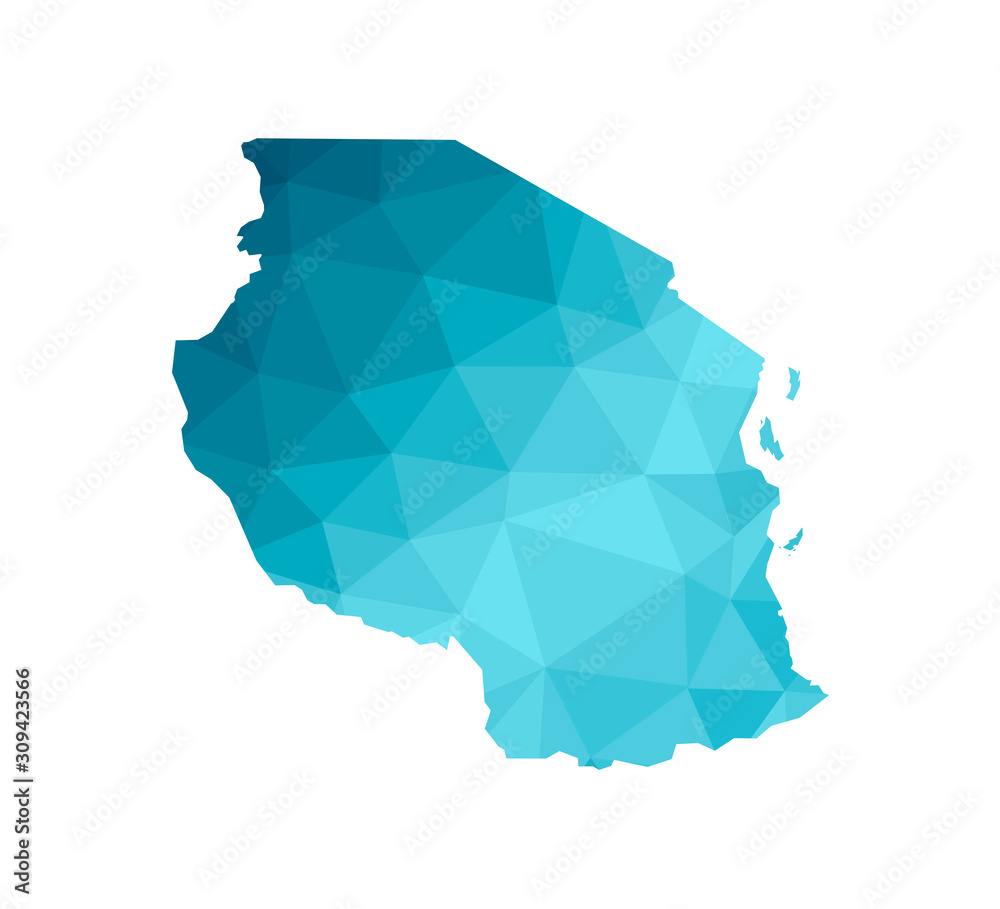 Vector isolated illustration icon with simplified blue silhouette of Tanzania map. Polygonal geometric style, triangular shapes. White background Vector isolated illustration icon with simplified blue silhouette of Tanzania map. Polygonal geometric style, triangular shapes. White background