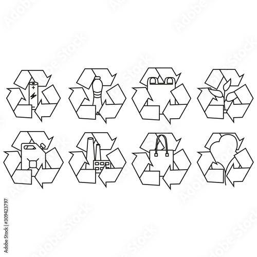 Recycling signs for: battery, plastic bottles, polythene packets, fuel, trees, manufacture. Labels for trash box. Vector icons set isolated on white background.