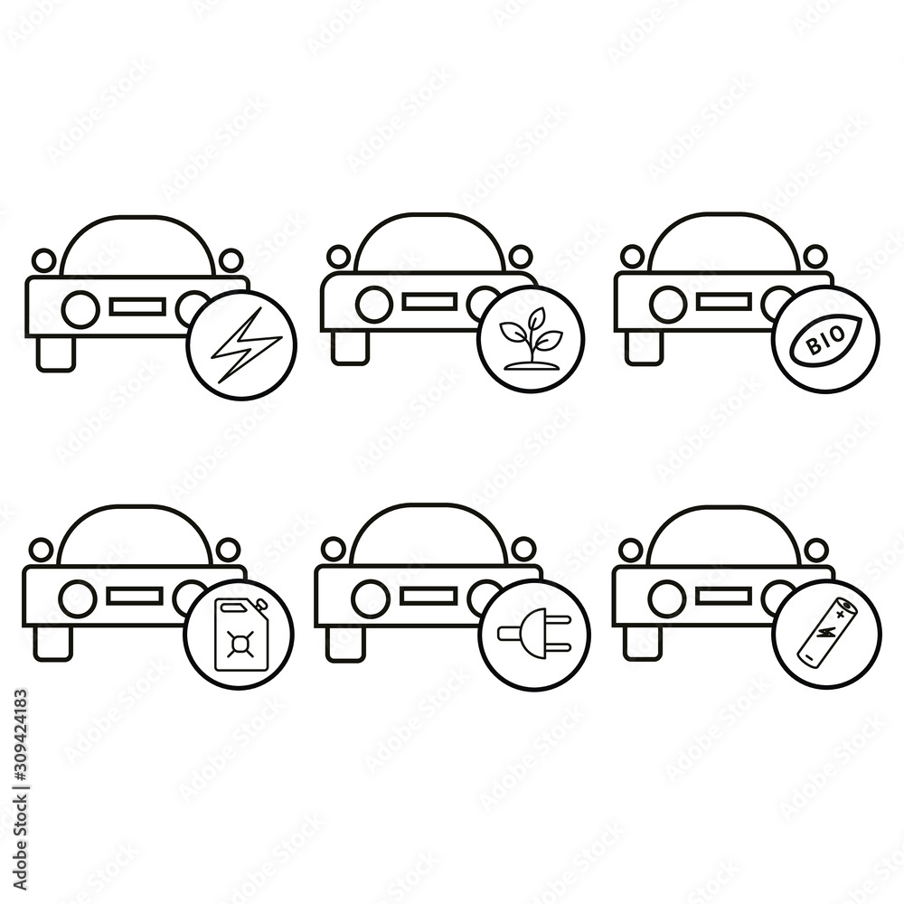 Electric cars with round labels. Car Charging Points. Design elements for web, banners, poster, ui. Vector icons set isolated on white background.