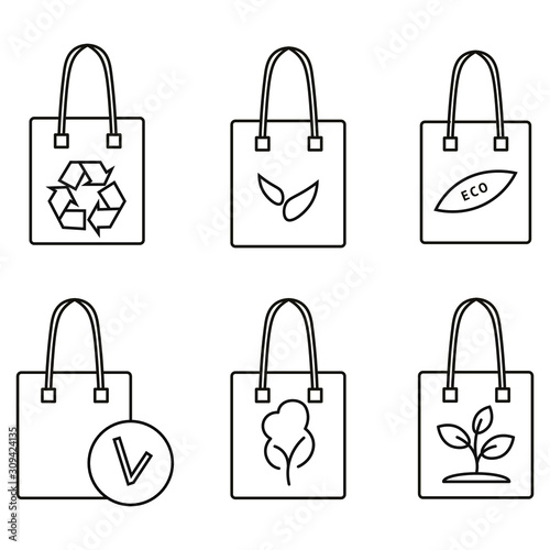 Eco bags with different prints: recycle, leaf, tree and eco sign. Reusable use. Design elements for web, banners, poster, ui. Vector icons set isolated on white background.