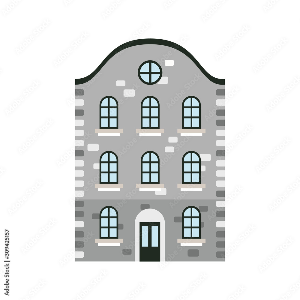 Grey brick house, cartoon vector illustration