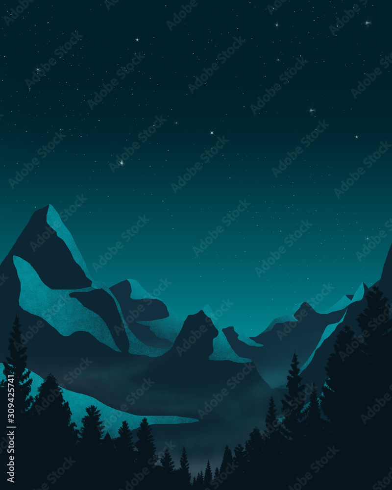 Obraz premium night landscape twilight teal mountains,nature starry sky watercolor painting 
