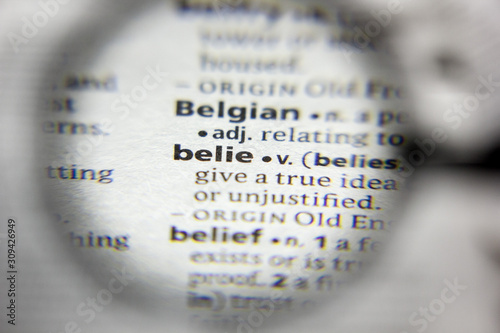 The word or phrase belie in a dictionary. photo