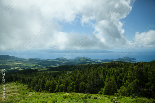 Green and blue agricultural pattern of Faial Island, Azores, Portugal © vladislavmavrin