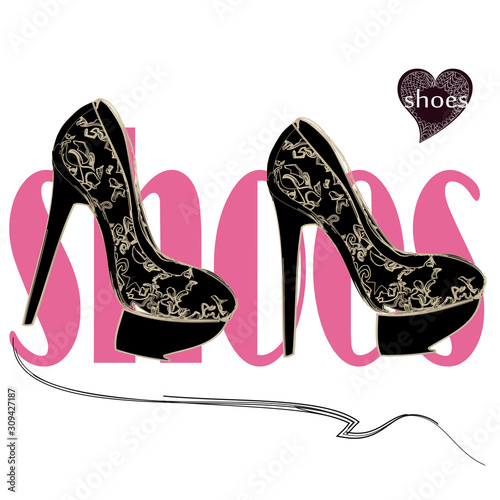 High heel black shoes with beige lace