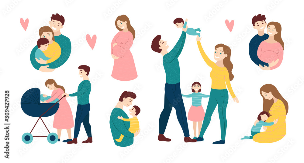 Vector design elements of various family activities isolated on white, with loving mothers and fathers with children and babies and a romantic couple isolated on white