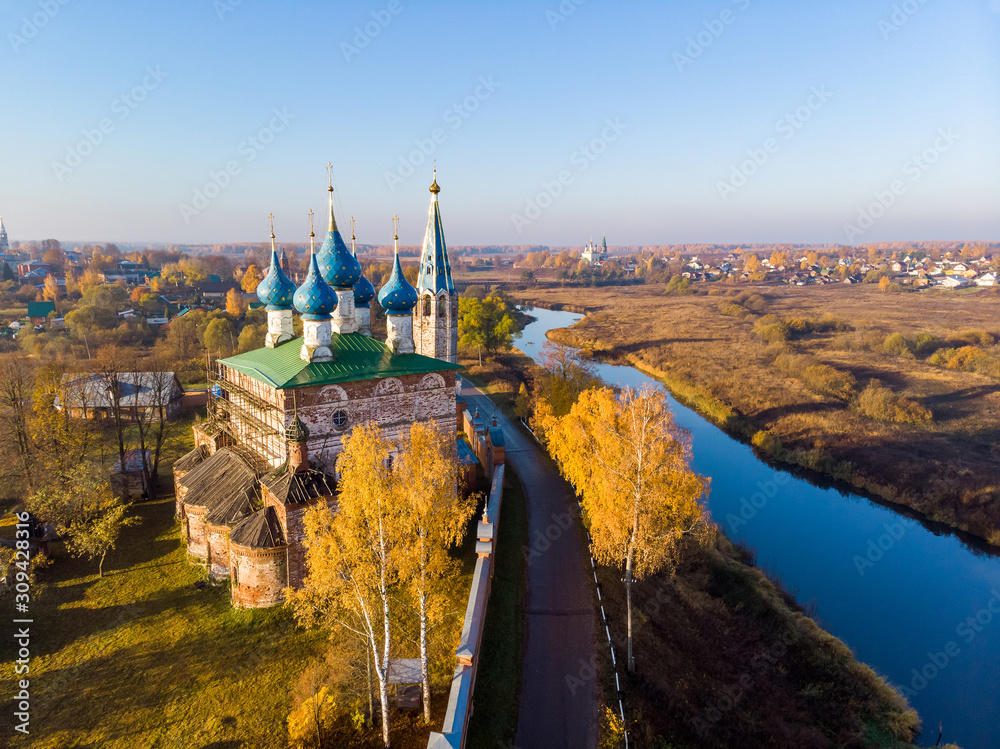 Top view on Church of Lady Day in the village of Dunilovo in the Ivanovo region, Russia