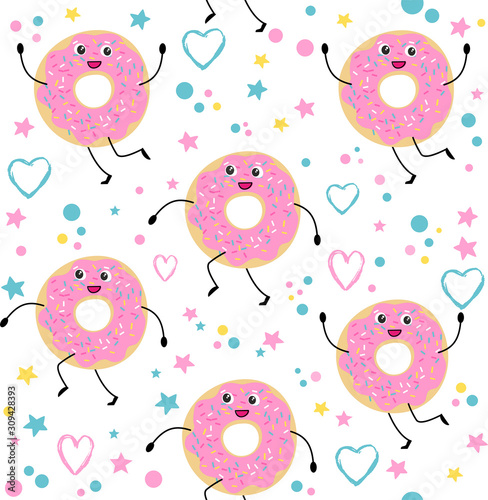 Seamless pattern with cartoon donut character and hearts