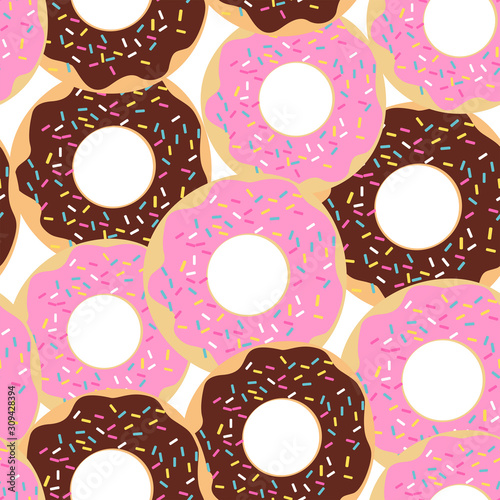 Seamless pattern with cartoon chocolate and strawberry donuts