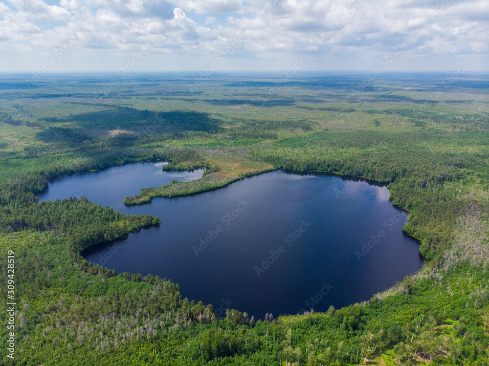 Large round forest lake, aerial view, aerial view