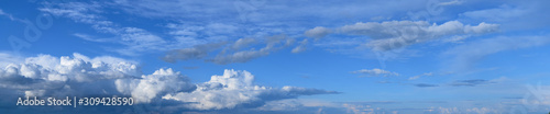 Summer sky and clouds. Panoramic photo  August  rainy season  atmospheric phenomena.