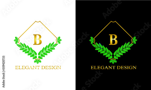 Design of magnificent ancient monogram. Decorative ornament on dark and light background with letter B. Gold and black pattern of brand, business sign, restaurant, boutique, hotel, emblem, jewelry.