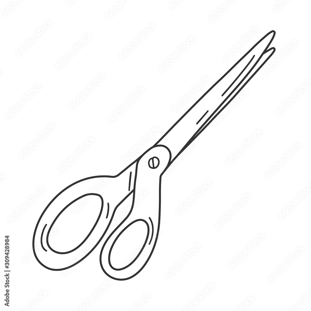Sewing or hairdresser's scissors, vector illustration in simple linear  style. Outline hand drawn isolated drawing of tailoring tool, modern line  art, good as logo or icon. Stock Vector | Adobe Stock
