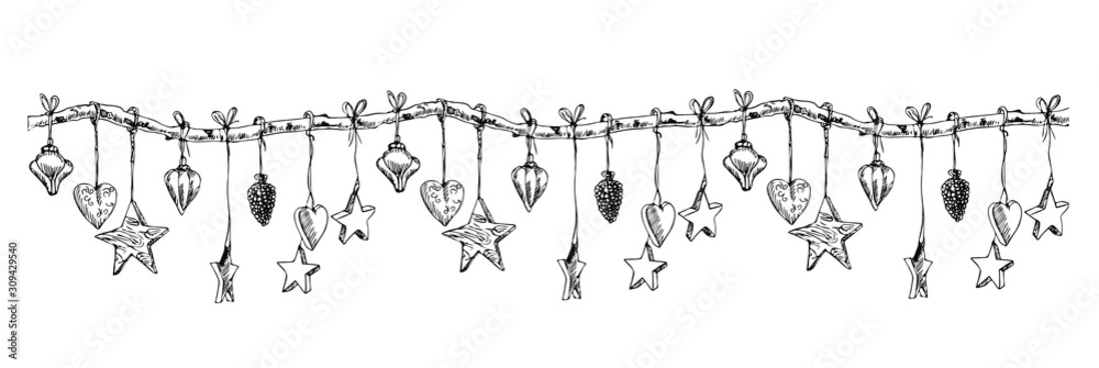 Christmas branch with hearts, stars and toys. Line art style. Winter decoration. Christmas branch with hearts, stars and toys. Line art style. Winter decoration.